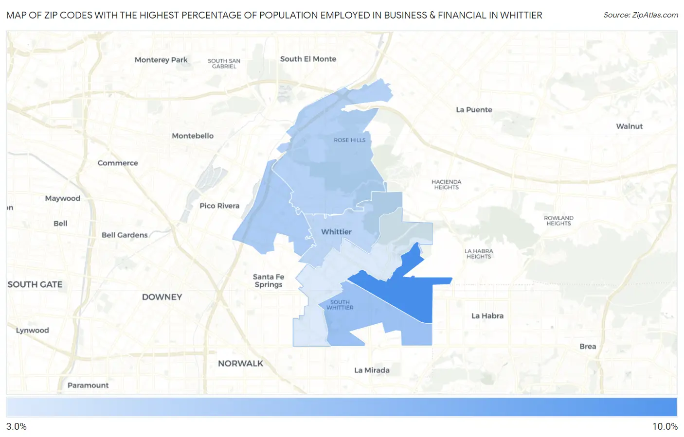 Zip Codes with the Highest Percentage of Population Employed in Business & Financial in Whittier Map