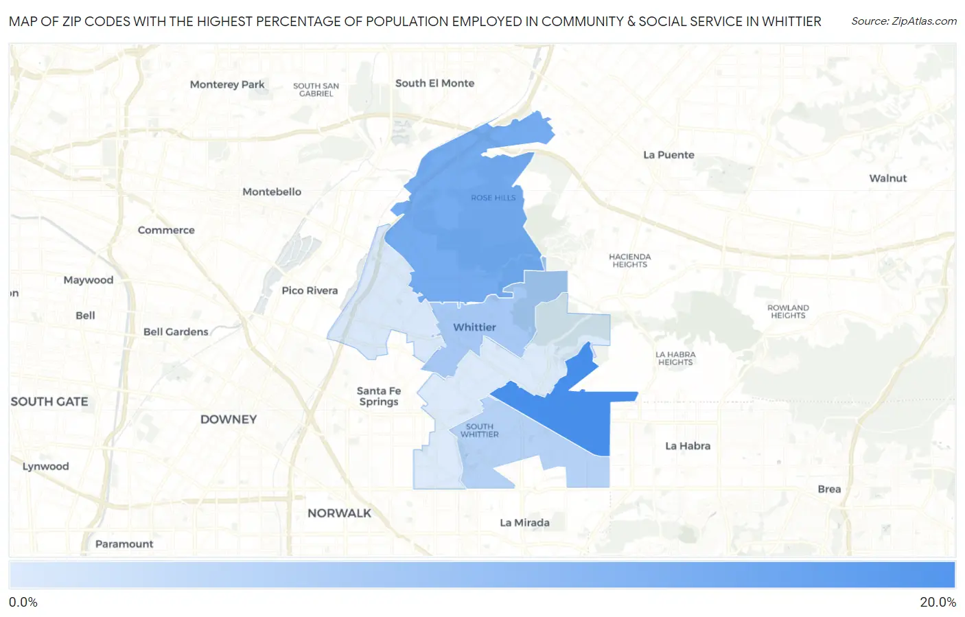 Zip Codes with the Highest Percentage of Population Employed in Community & Social Service  in Whittier Map
