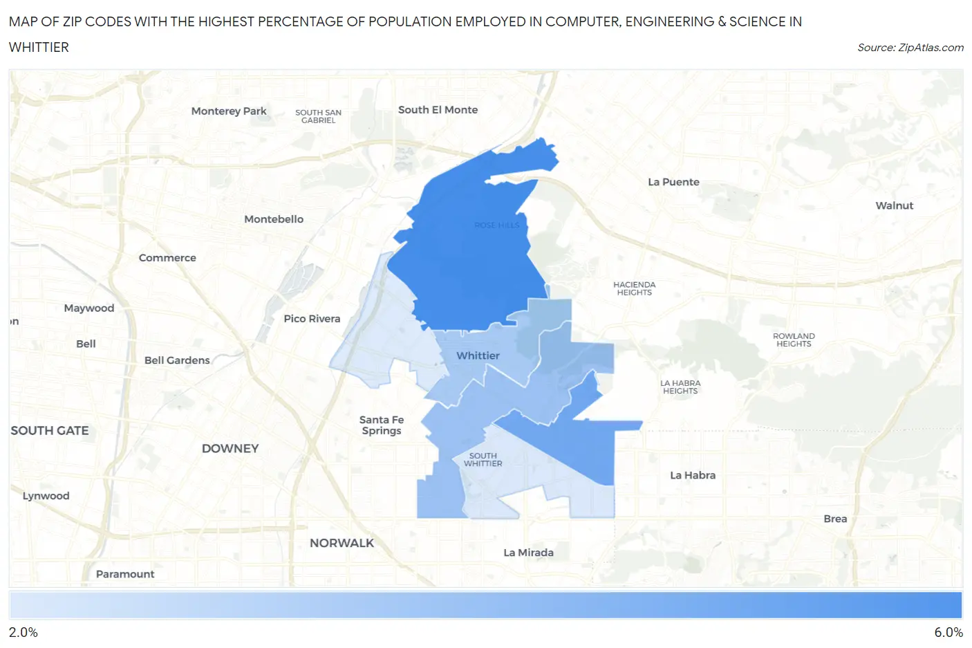 Zip Codes with the Highest Percentage of Population Employed in Computer, Engineering & Science in Whittier Map