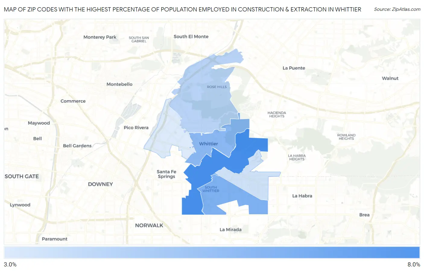 Zip Codes with the Highest Percentage of Population Employed in Construction & Extraction in Whittier Map