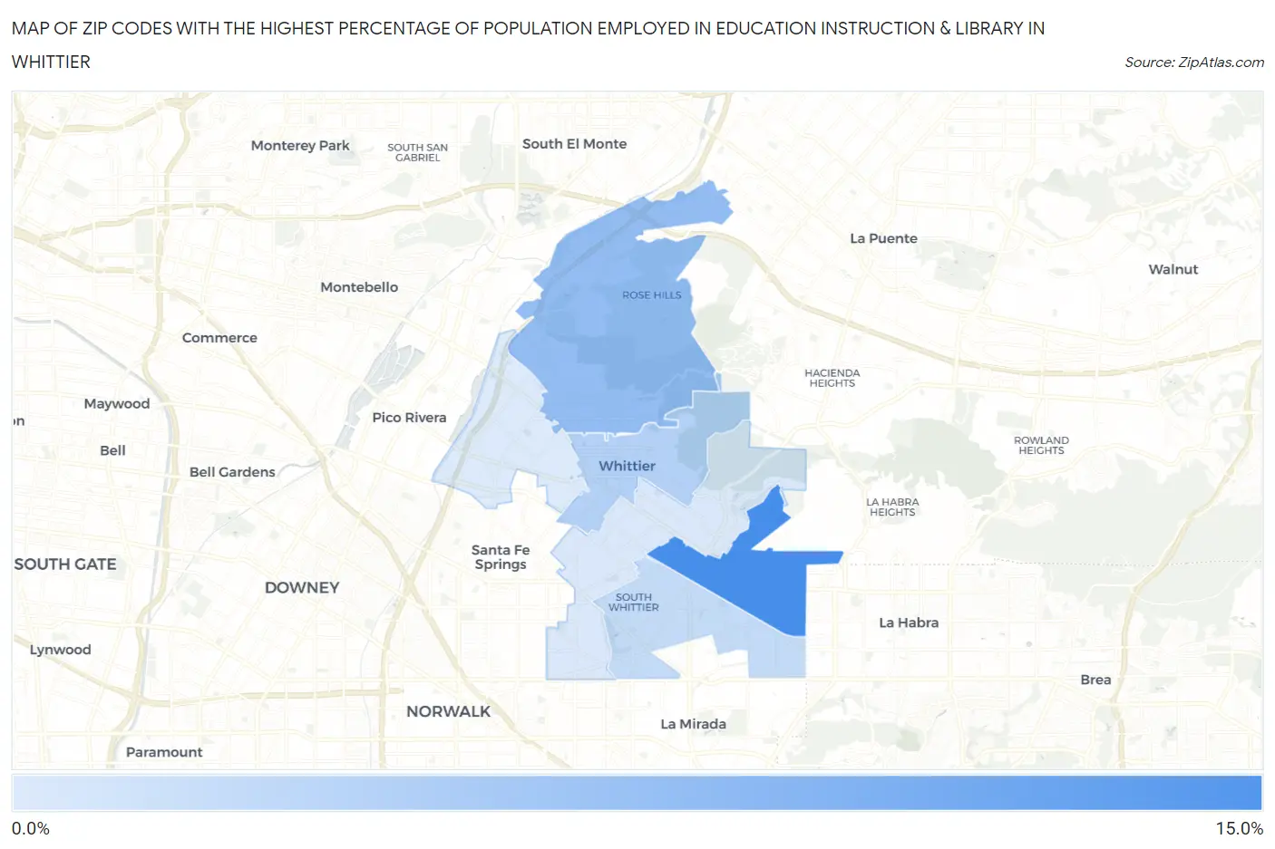 Zip Codes with the Highest Percentage of Population Employed in Education Instruction & Library in Whittier Map
