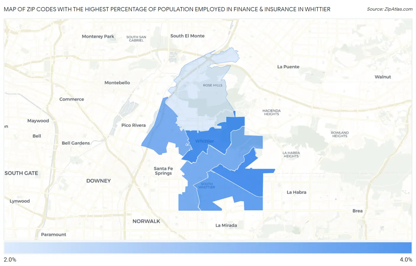Zip Codes with the Highest Percentage of Population Employed in Finance & Insurance in Whittier Map