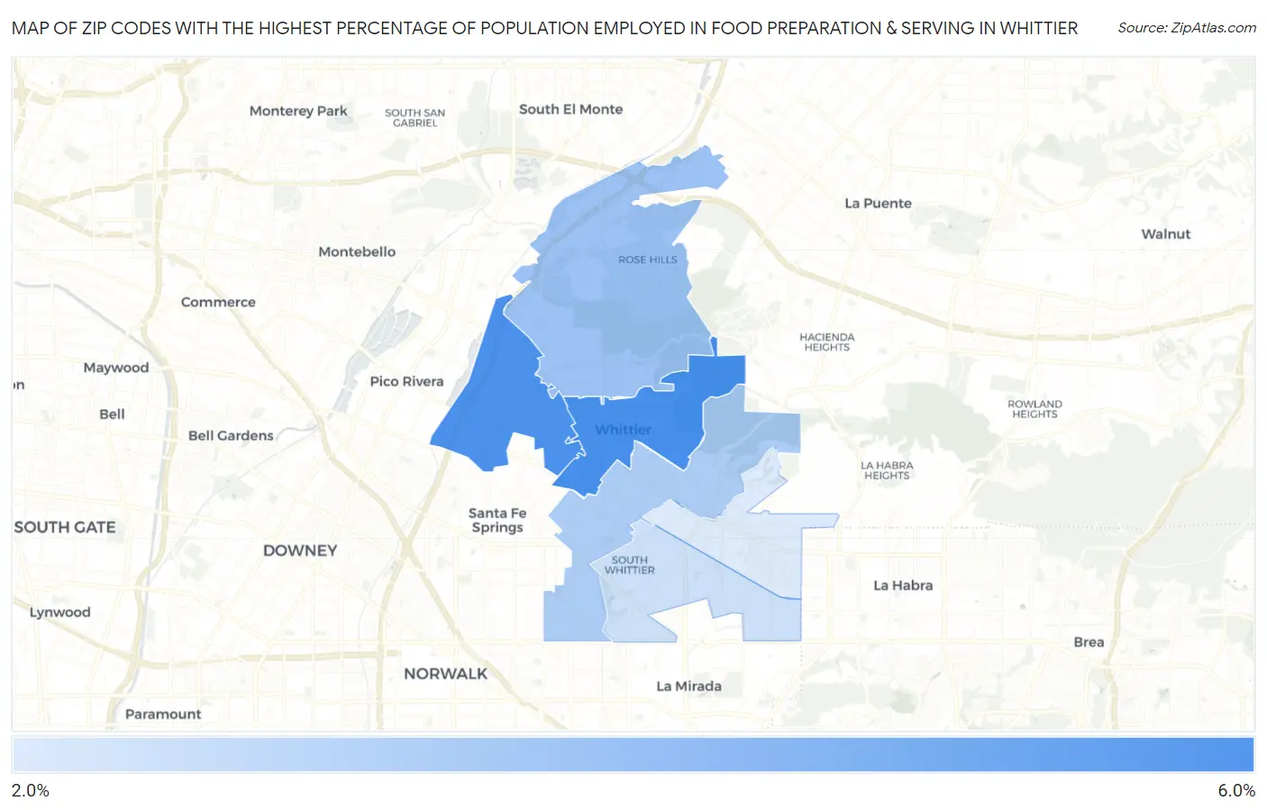 Zip Codes with the Highest Percentage of Population Employed in Food Preparation & Serving in Whittier Map