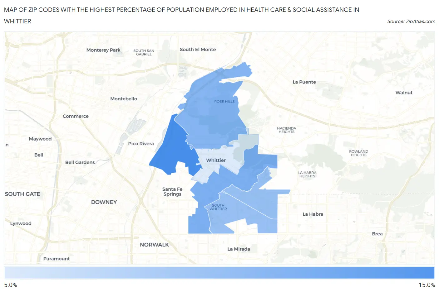 Zip Codes with the Highest Percentage of Population Employed in Health Care & Social Assistance in Whittier Map