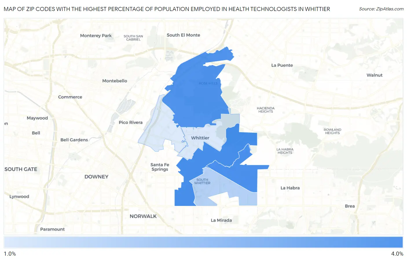 Zip Codes with the Highest Percentage of Population Employed in Health Technologists in Whittier Map