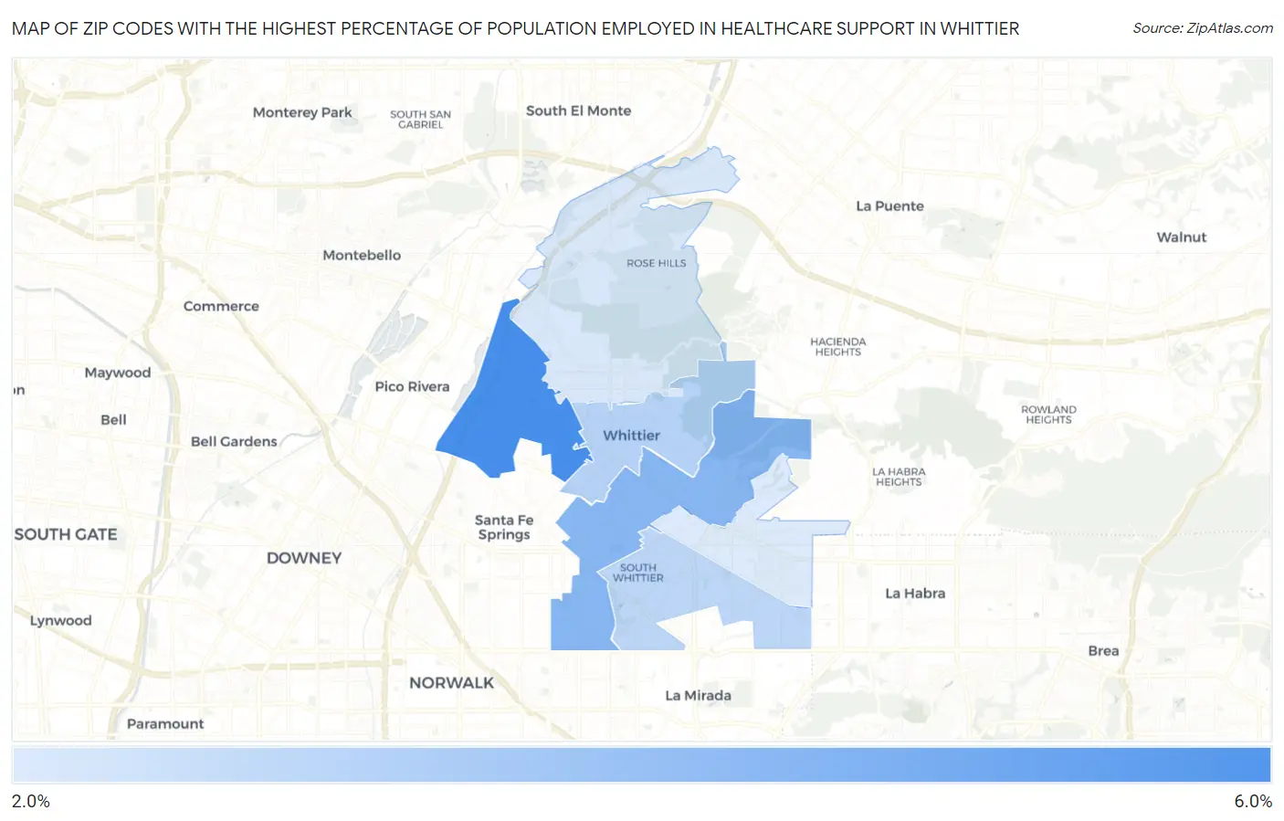 Zip Codes with the Highest Percentage of Population Employed in Healthcare Support in Whittier Map