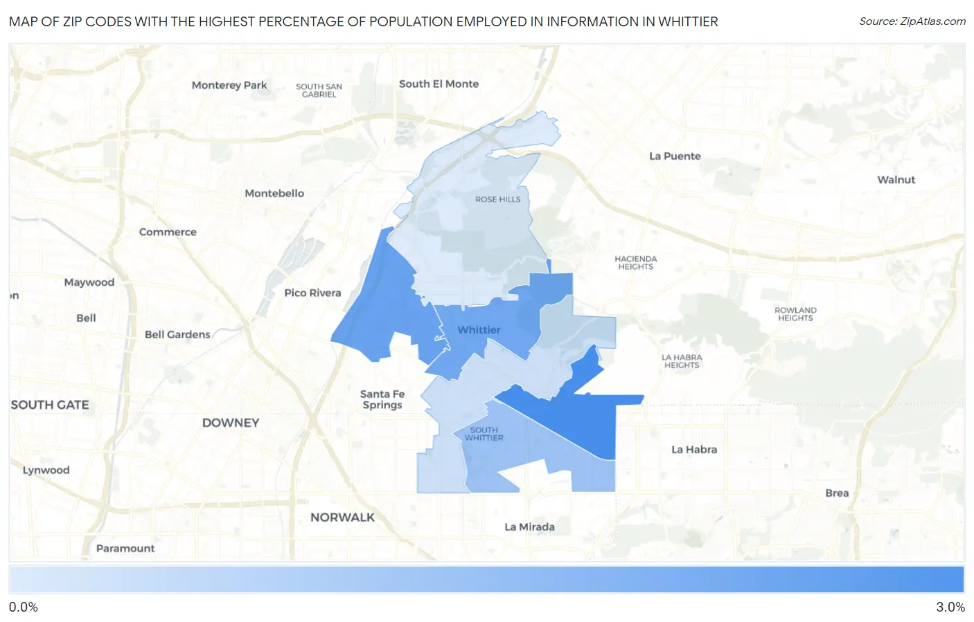 Zip Codes with the Highest Percentage of Population Employed in Information in Whittier Map