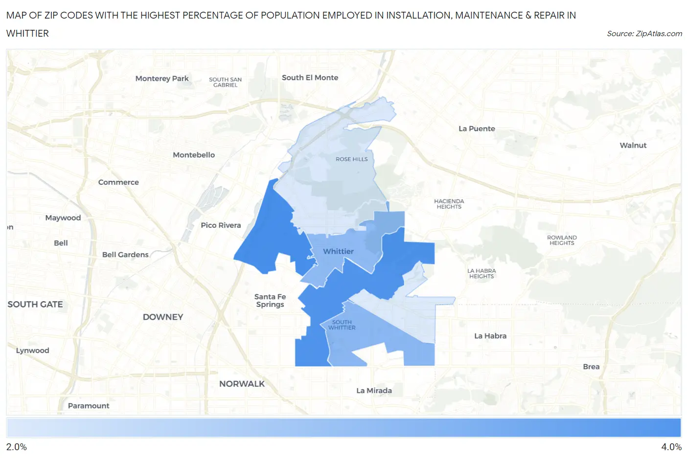Zip Codes with the Highest Percentage of Population Employed in Installation, Maintenance & Repair in Whittier Map