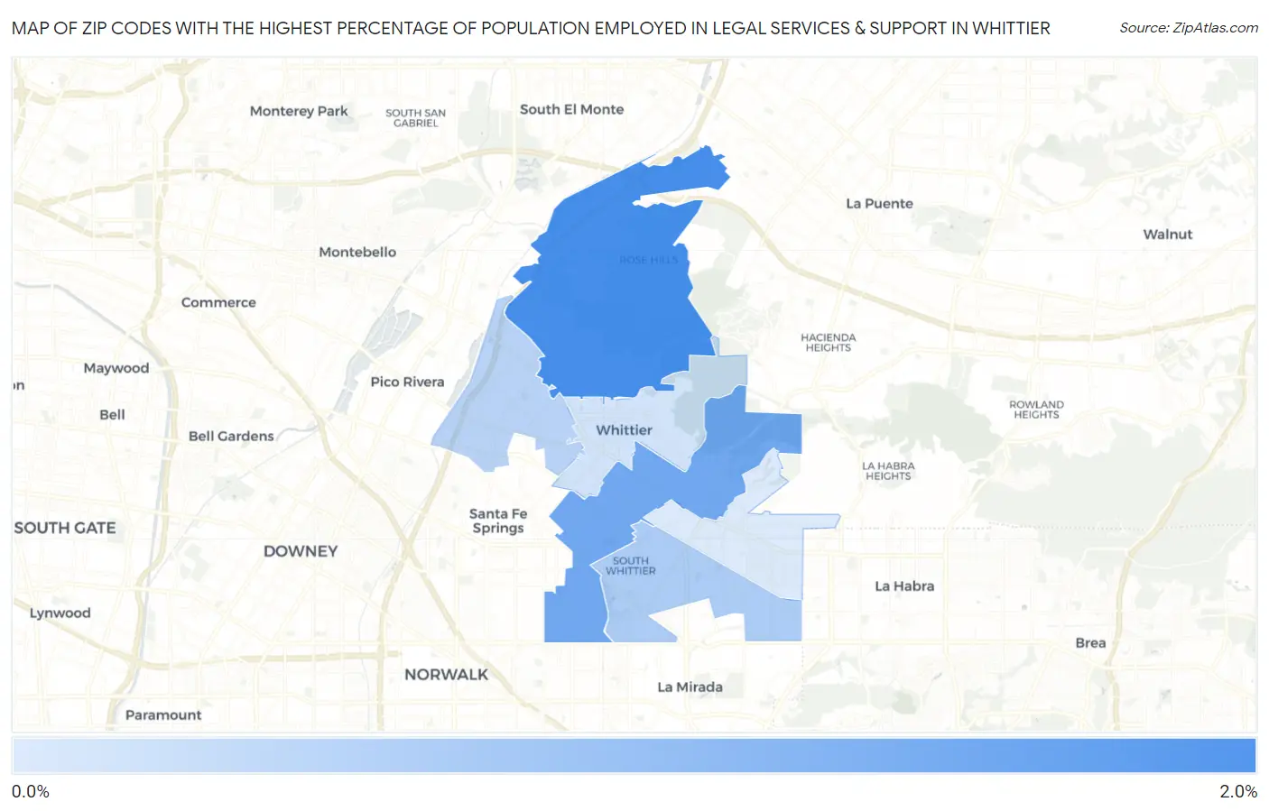 Zip Codes with the Highest Percentage of Population Employed in Legal Services & Support in Whittier Map