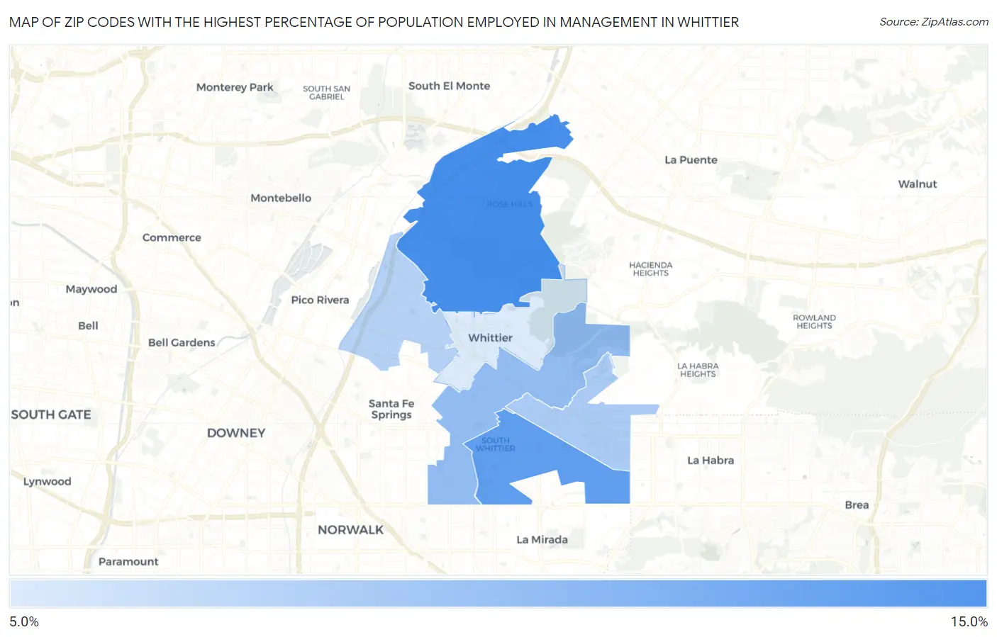 Zip Codes with the Highest Percentage of Population Employed in Management in Whittier Map