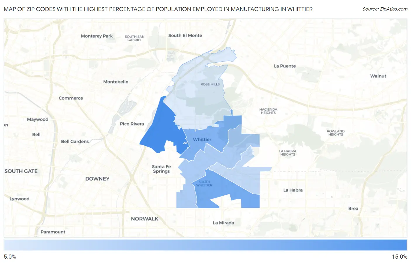 Zip Codes with the Highest Percentage of Population Employed in Manufacturing in Whittier Map