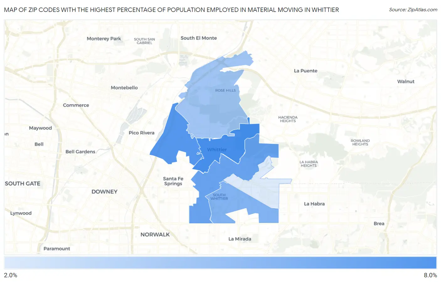 Zip Codes with the Highest Percentage of Population Employed in Material Moving in Whittier Map