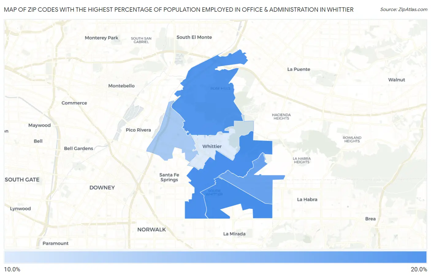 Zip Codes with the Highest Percentage of Population Employed in Office & Administration in Whittier Map