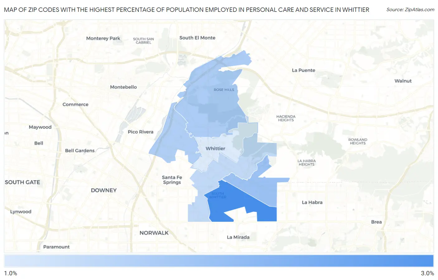 Zip Codes with the Highest Percentage of Population Employed in Personal Care and Service in Whittier Map