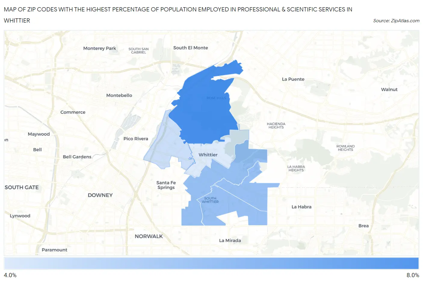 Zip Codes with the Highest Percentage of Population Employed in Professional & Scientific Services in Whittier Map