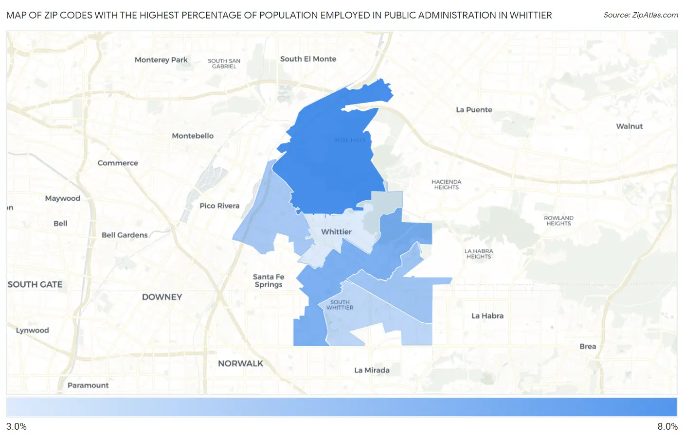 Zip Codes with the Highest Percentage of Population Employed in Public Administration in Whittier Map