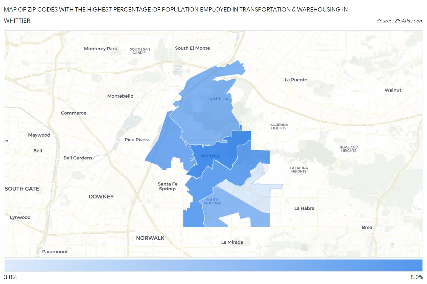 Zip Codes with the Highest Percentage of Population Employed in Transportation & Warehousing in Whittier Map