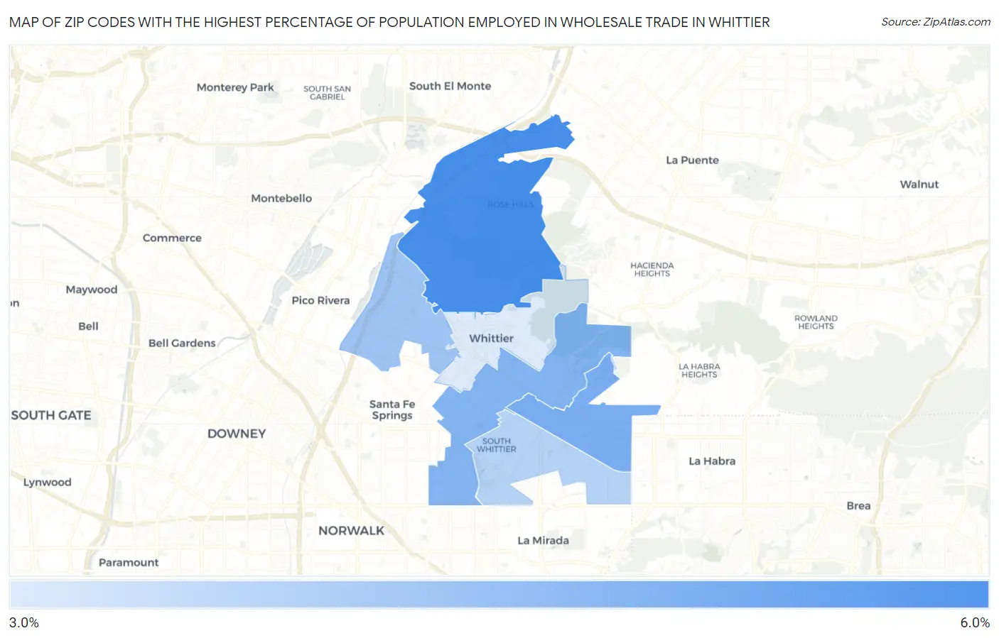 Zip Codes with the Highest Percentage of Population Employed in Wholesale Trade in Whittier Map