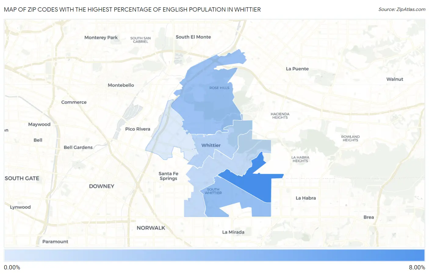 Zip Codes with the Highest Percentage of English Population in Whittier Map