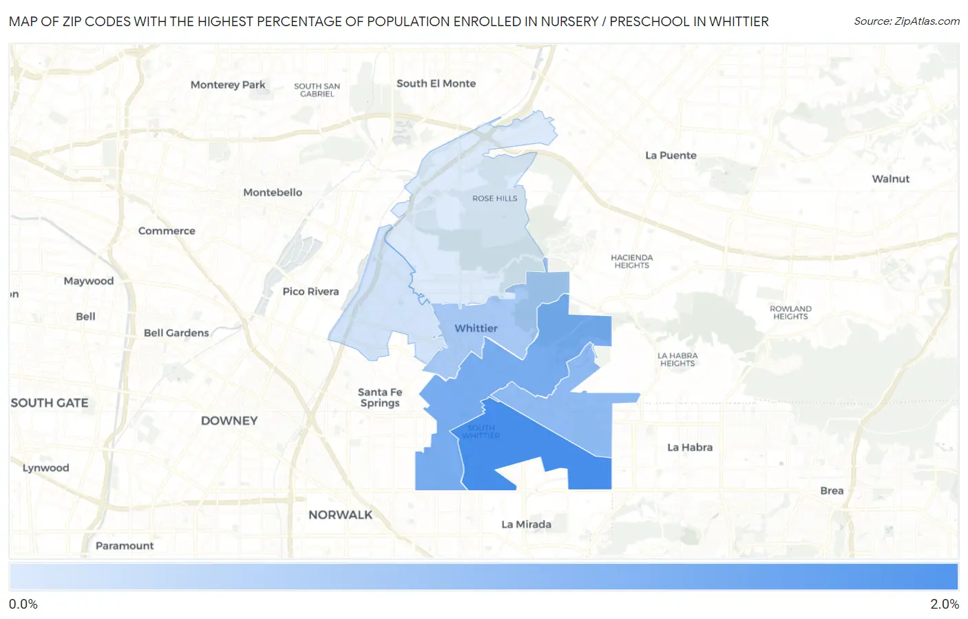 Zip Codes with the Highest Percentage of Population Enrolled in Nursery / Preschool in Whittier Map