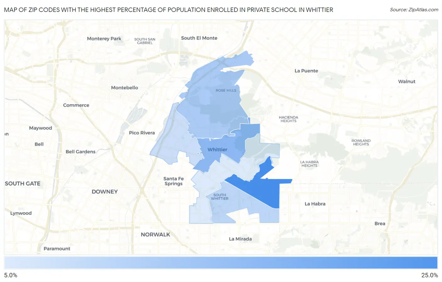 Zip Codes with the Highest Percentage of Population Enrolled in Private School in Whittier Map