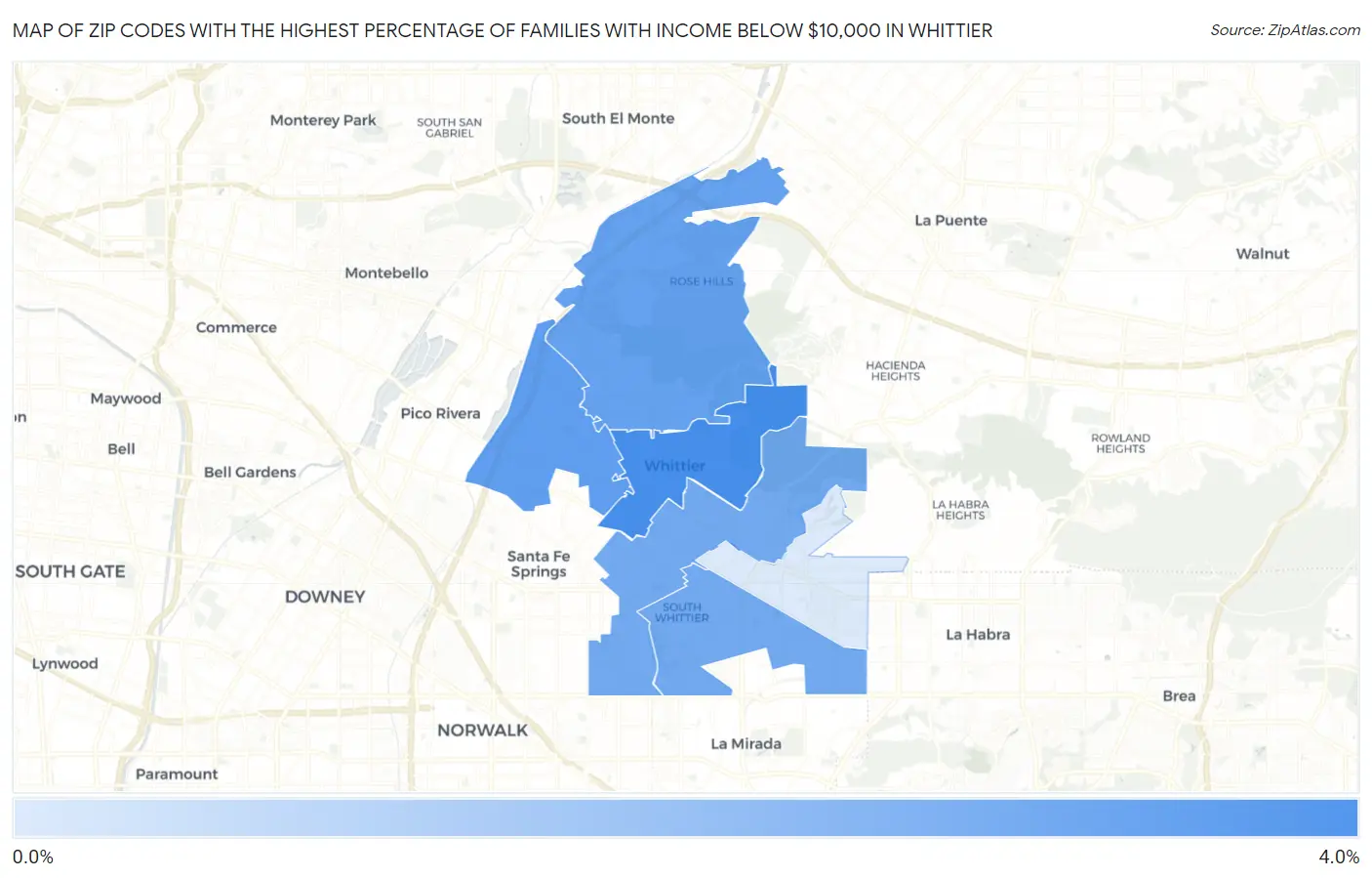 Zip Codes with the Highest Percentage of Families with Income Below $10,000 in Whittier Map