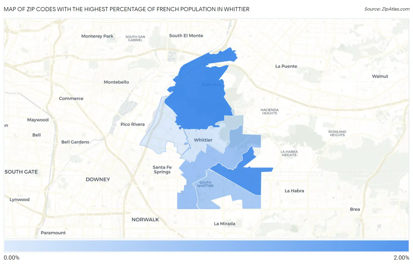 Zip Codes with the Highest Percentage of French Population in Whittier Map