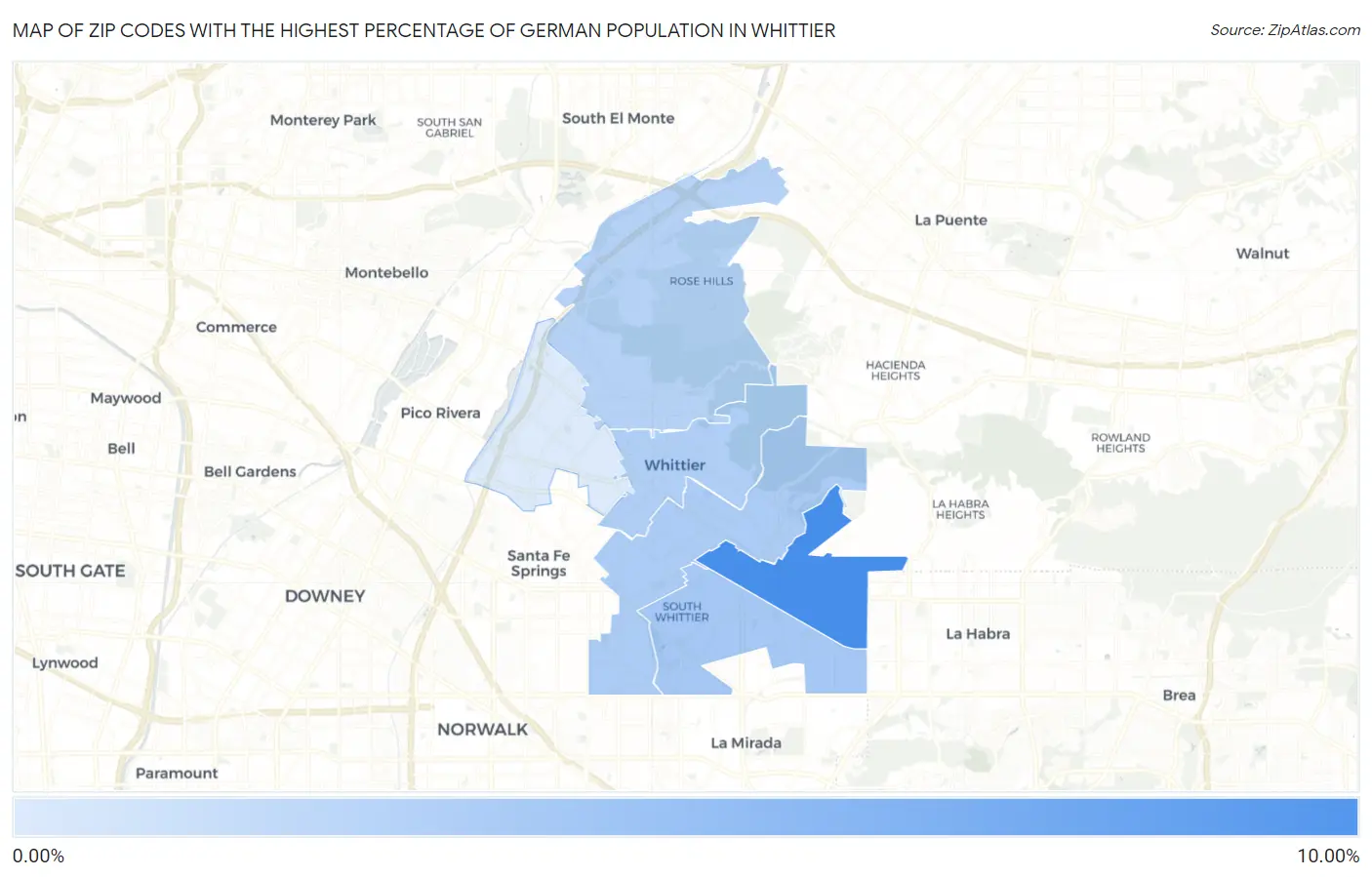 Zip Codes with the Highest Percentage of German Population in Whittier Map