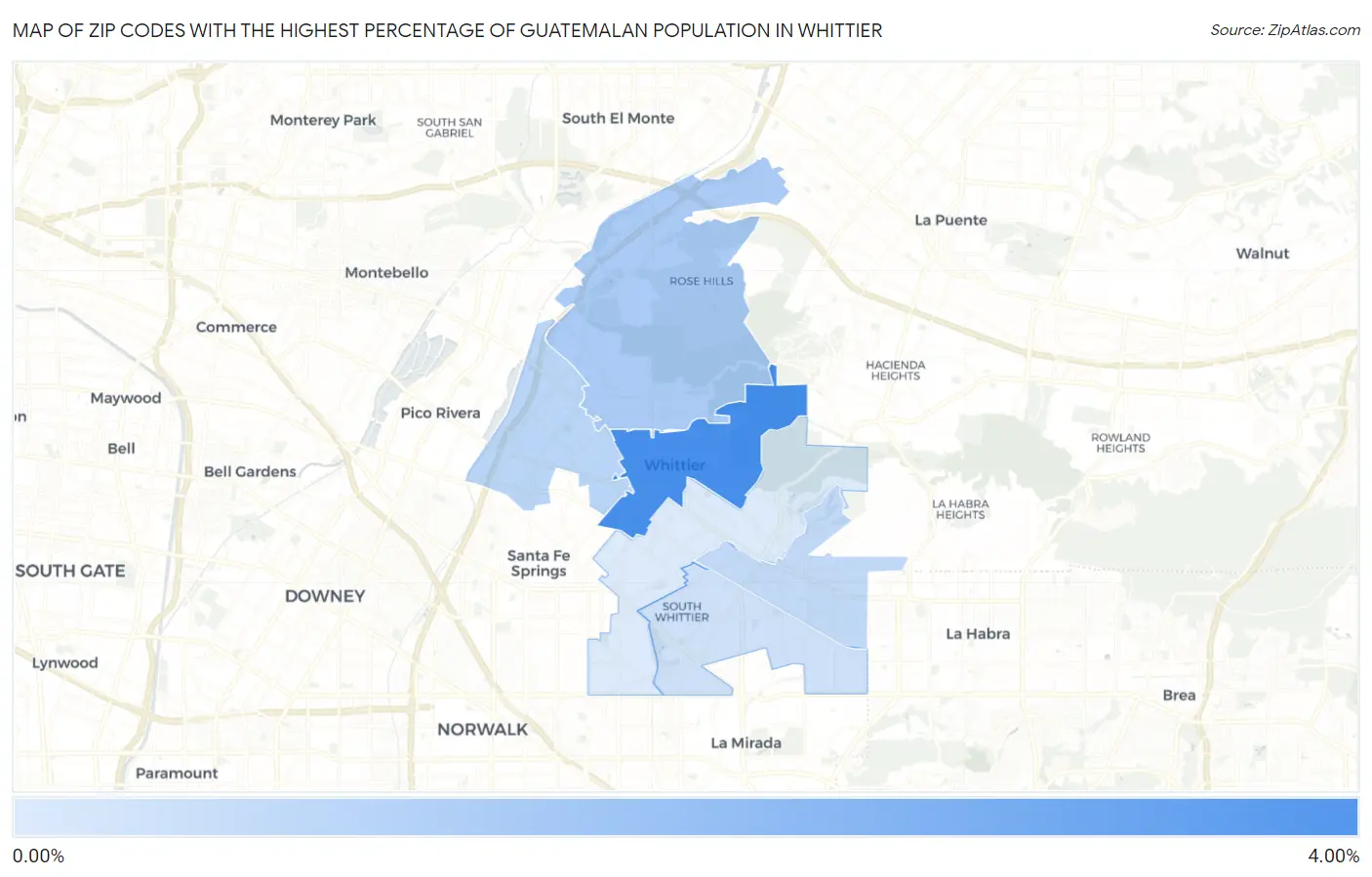 Zip Codes with the Highest Percentage of Guatemalan Population in Whittier Map