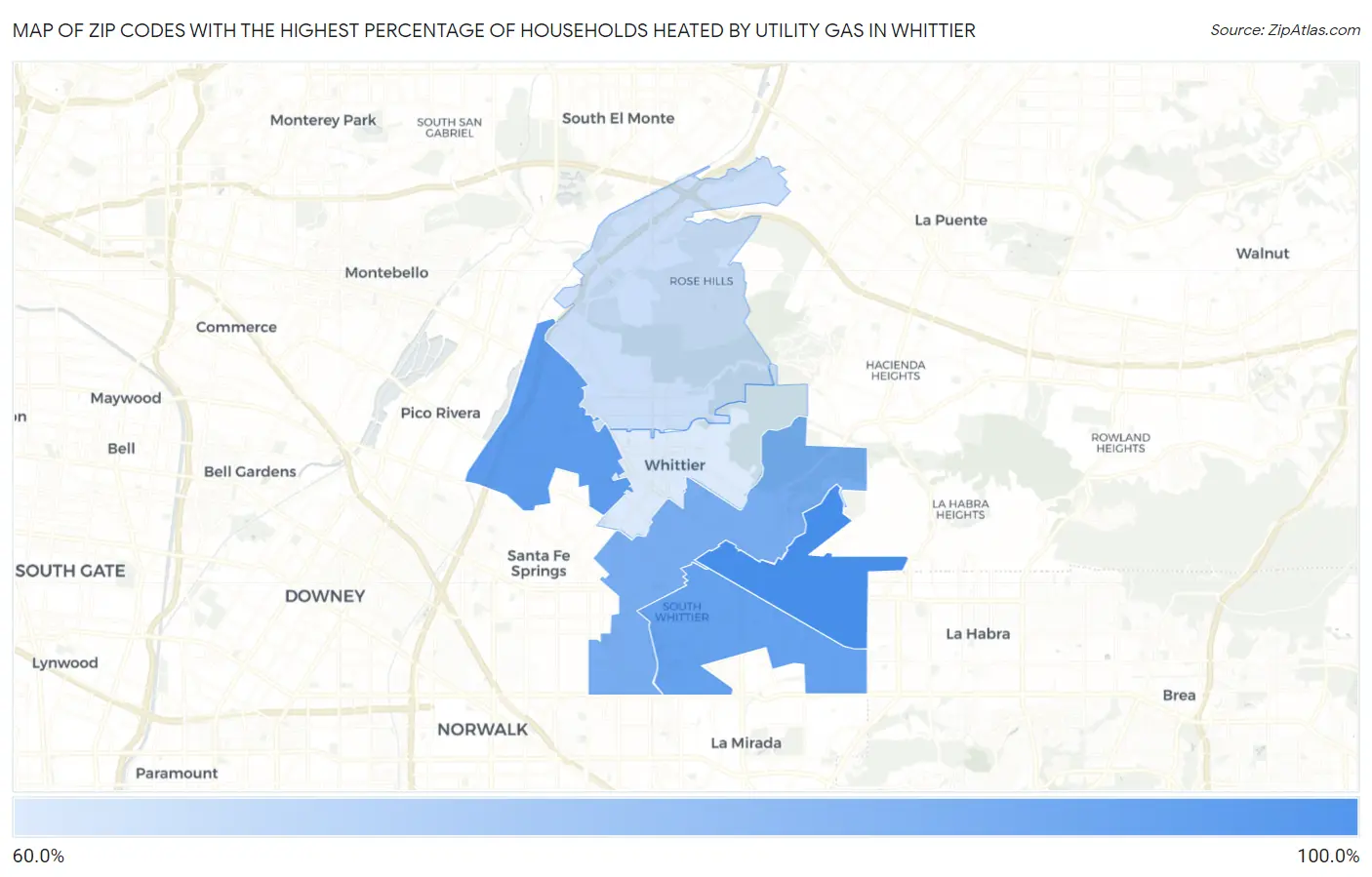 Zip Codes with the Highest Percentage of Households Heated by Utility Gas in Whittier Map