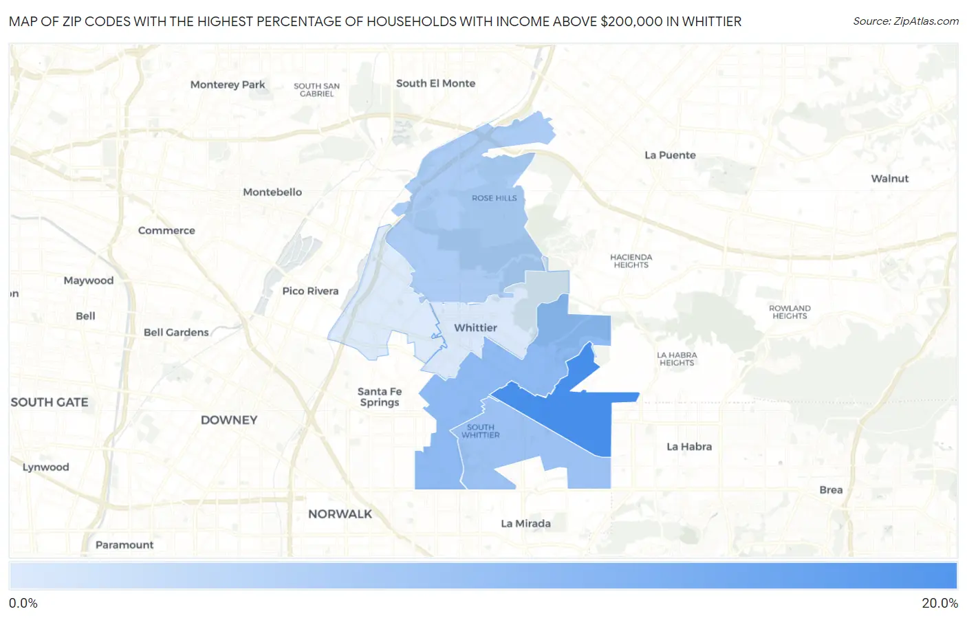 Zip Codes with the Highest Percentage of Households with Income Above $200,000 in Whittier Map