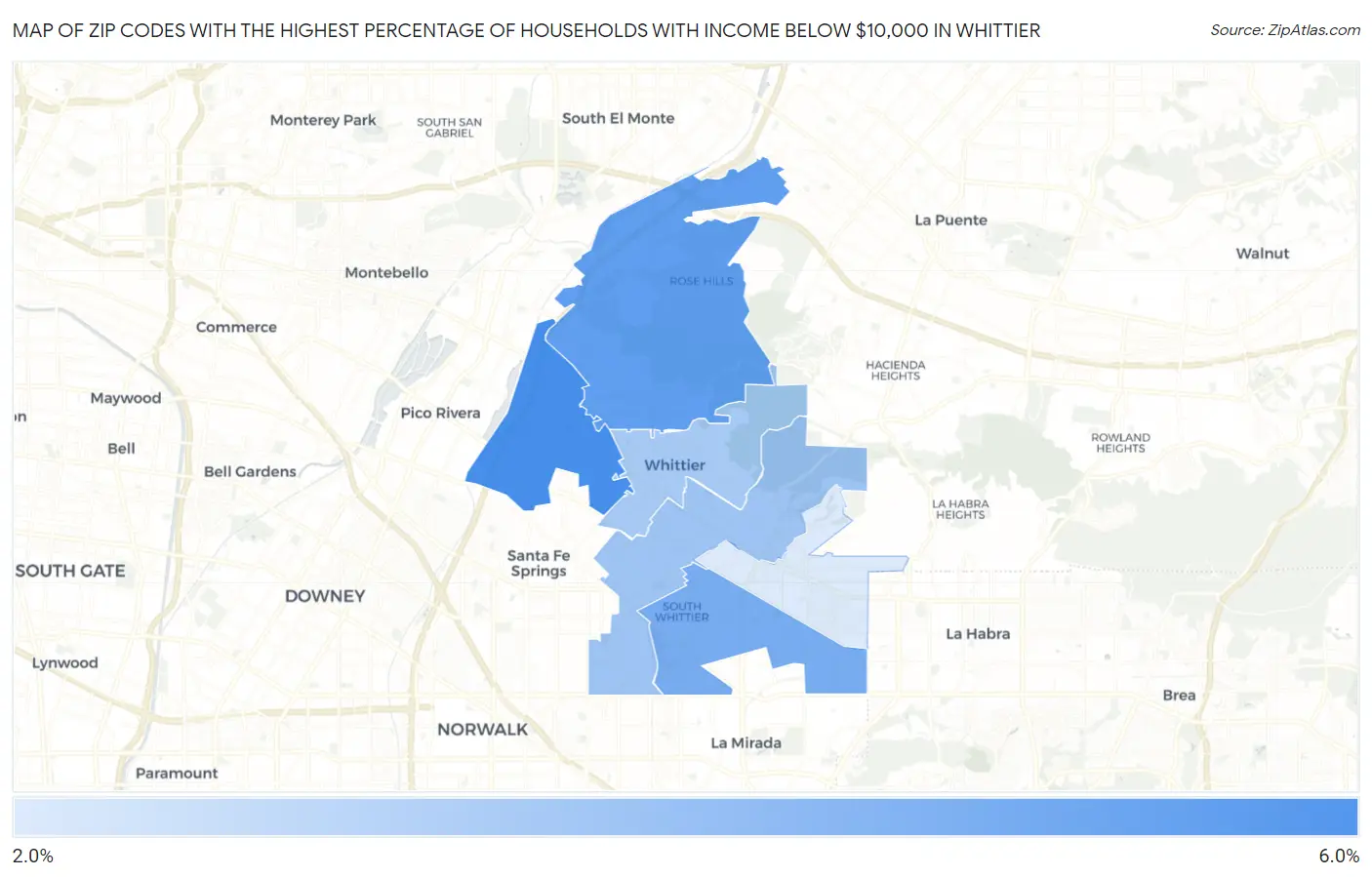 Zip Codes with the Highest Percentage of Households with Income Below $10,000 in Whittier Map
