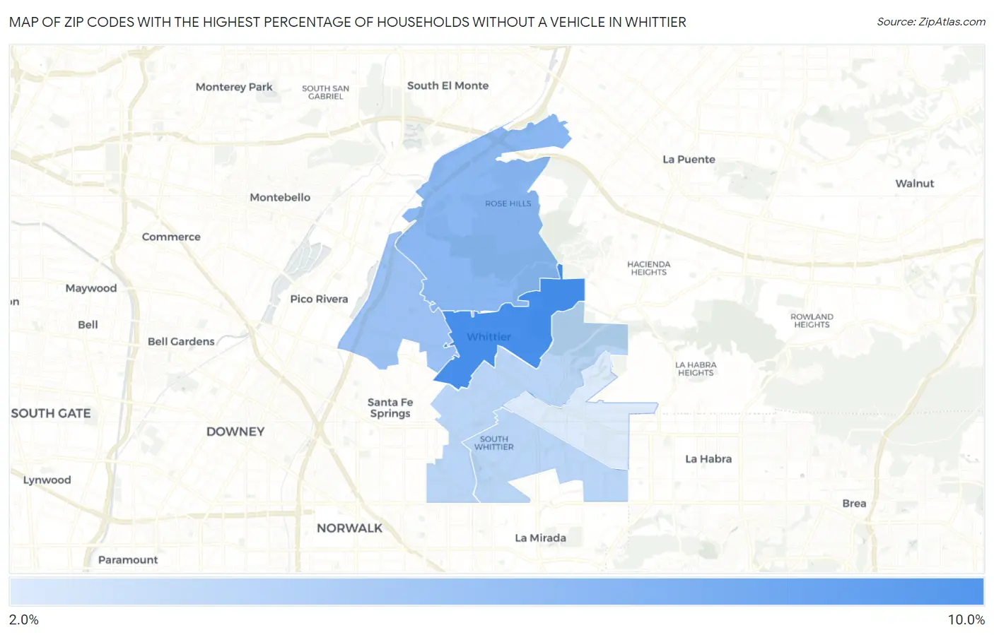 Zip Codes with the Highest Percentage of Households Without a Vehicle in Whittier Map