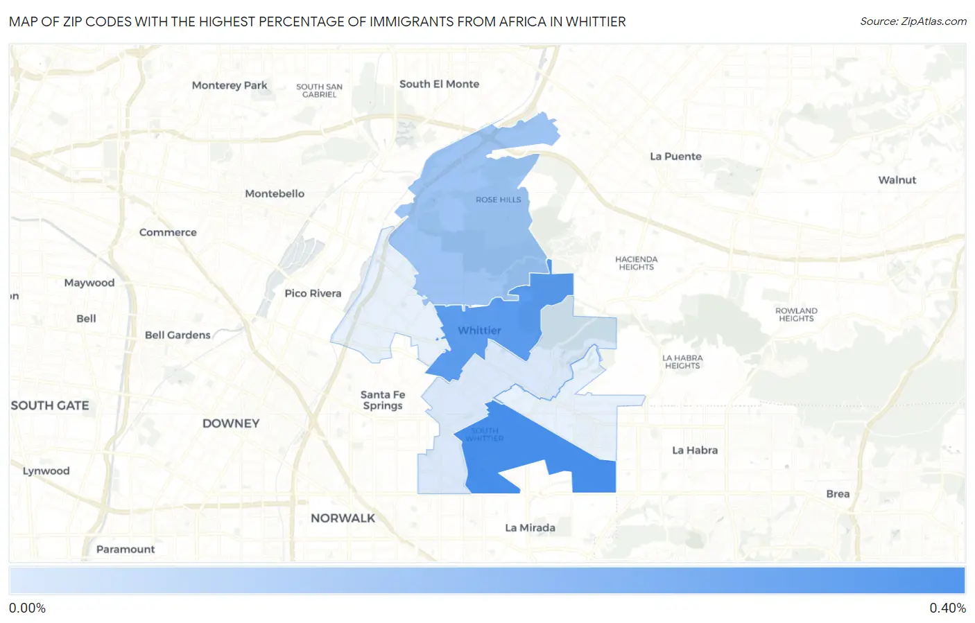Zip Codes with the Highest Percentage of Immigrants from Africa in Whittier Map