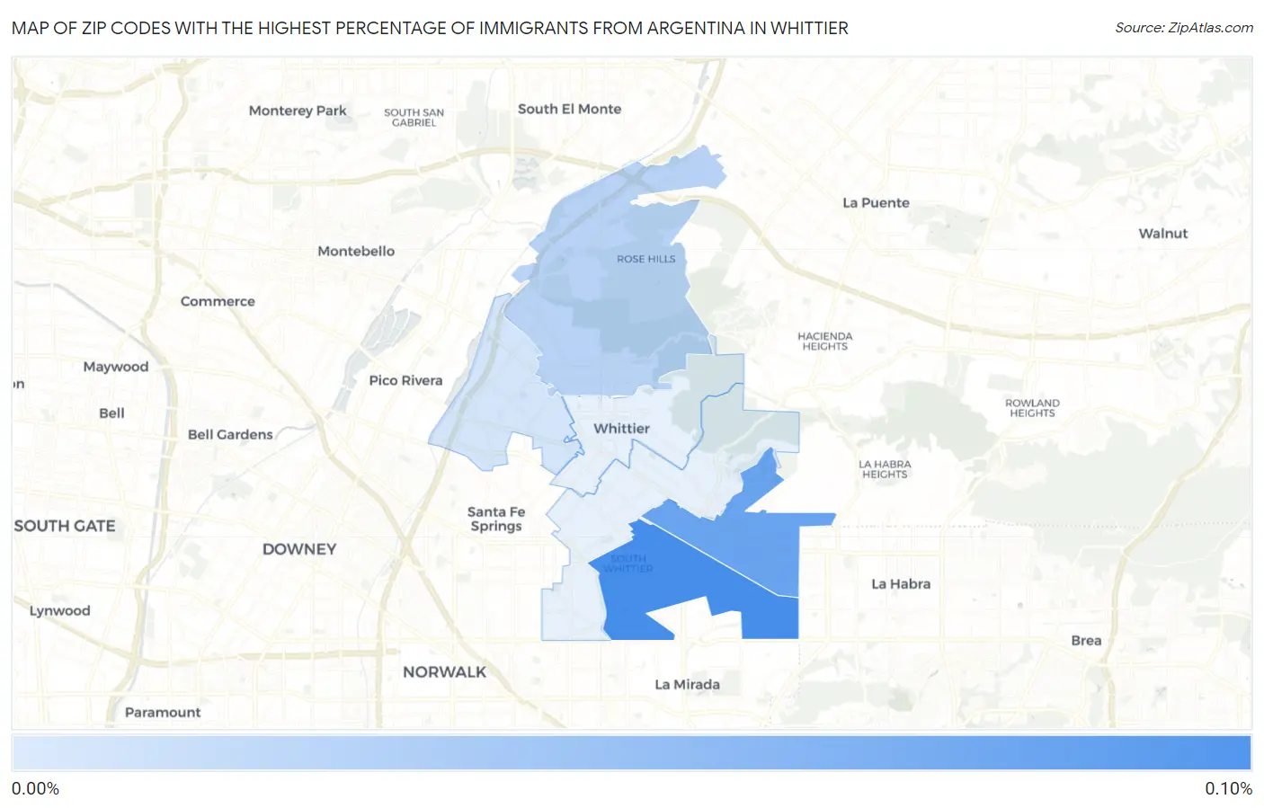 Zip Codes with the Highest Percentage of Immigrants from Argentina in Whittier Map