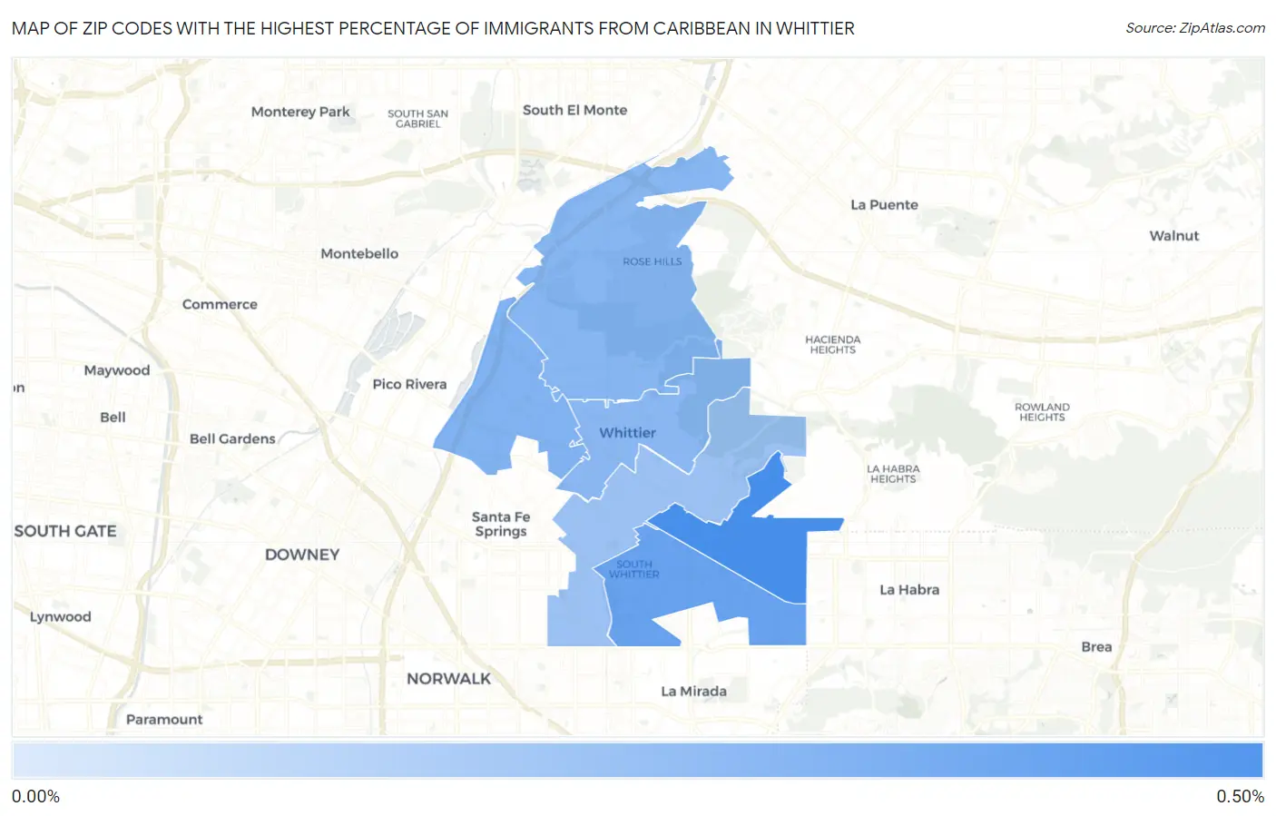 Zip Codes with the Highest Percentage of Immigrants from Caribbean in Whittier Map