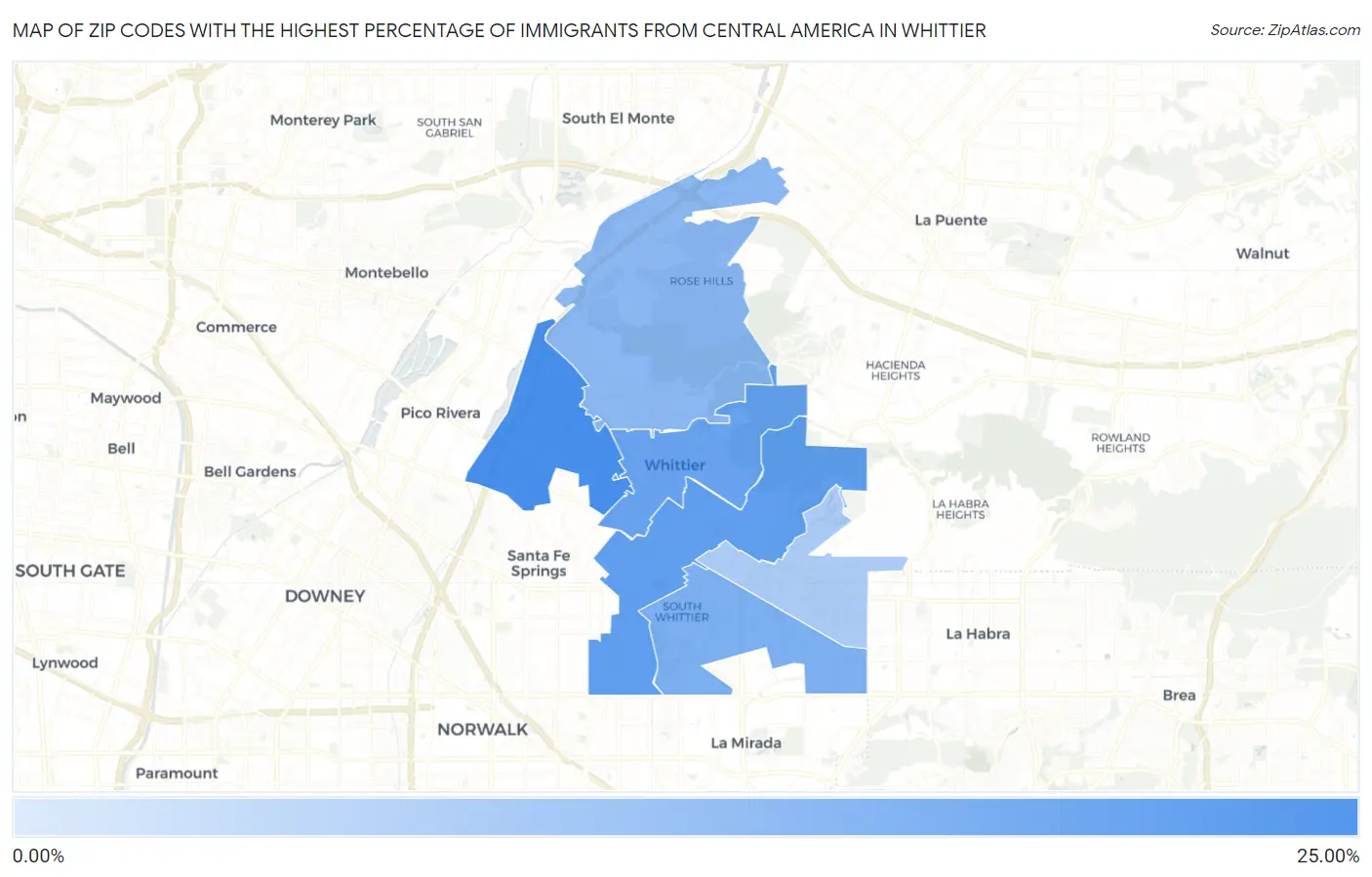 Zip Codes with the Highest Percentage of Immigrants from Central America in Whittier Map