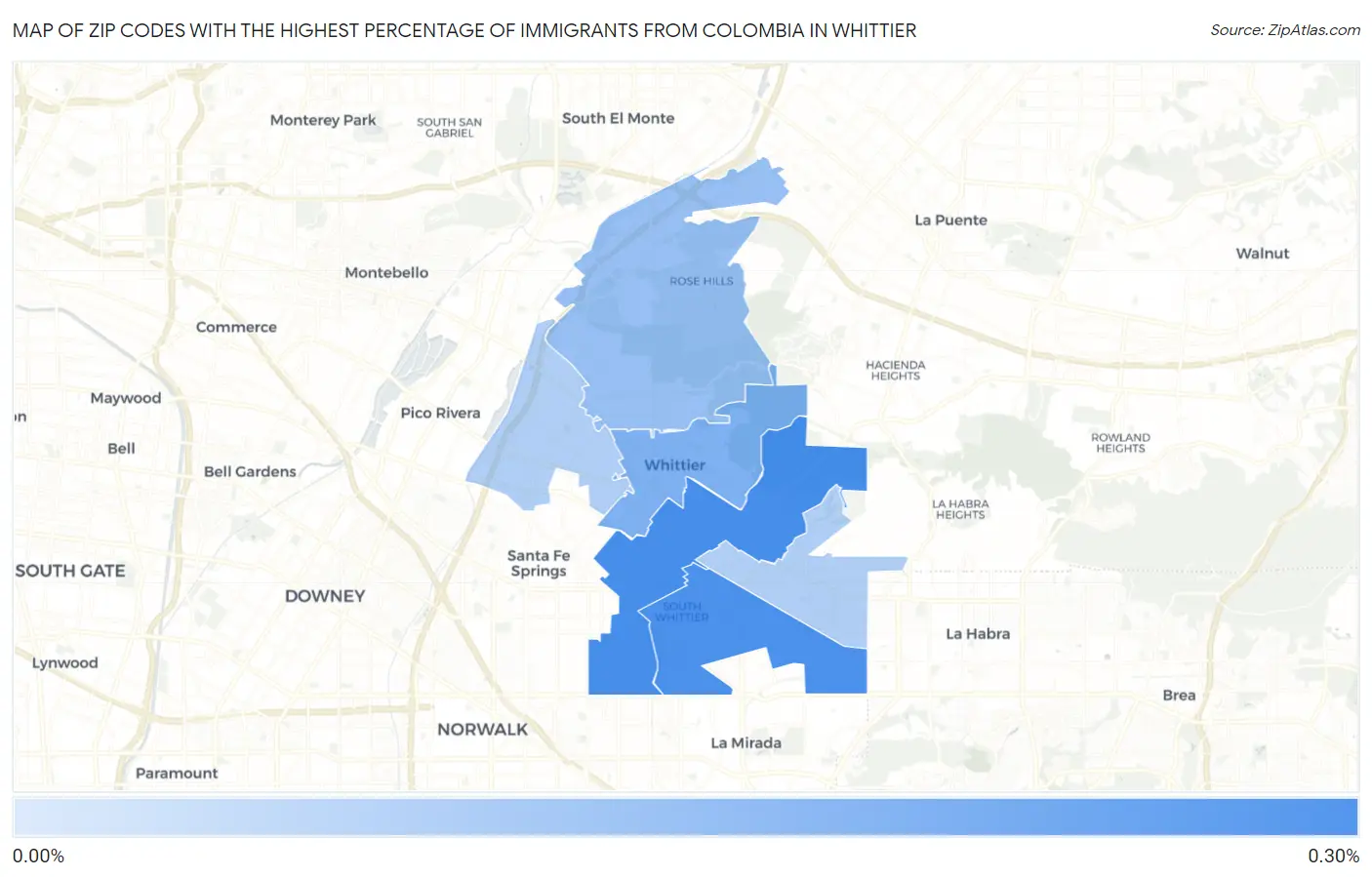 Zip Codes with the Highest Percentage of Immigrants from Colombia in Whittier Map