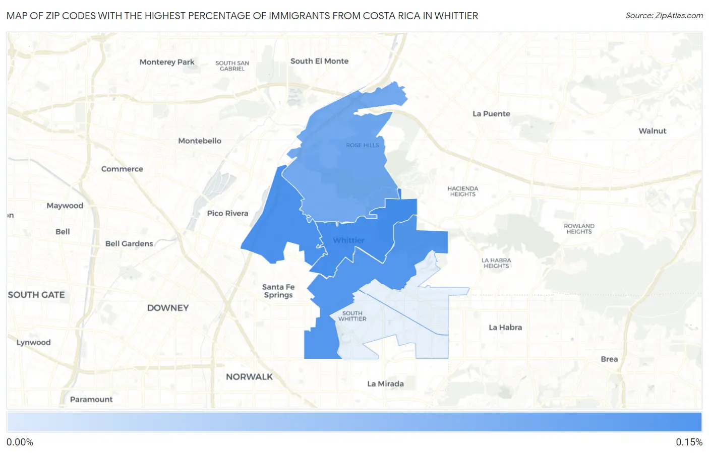 Zip Codes with the Highest Percentage of Immigrants from Costa Rica in Whittier Map