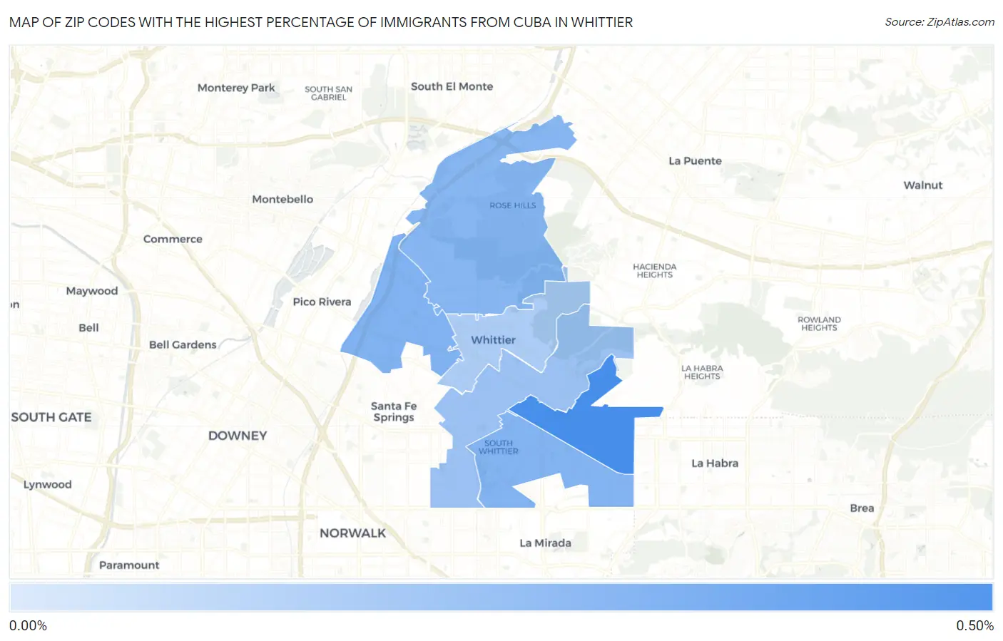 Zip Codes with the Highest Percentage of Immigrants from Cuba in Whittier Map