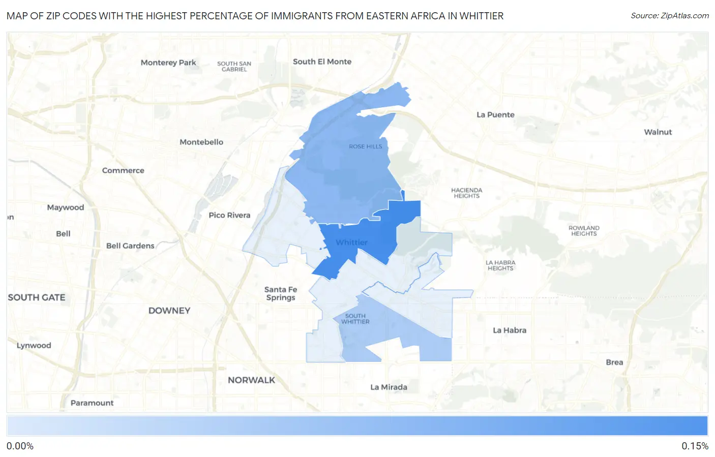 Zip Codes with the Highest Percentage of Immigrants from Eastern Africa in Whittier Map