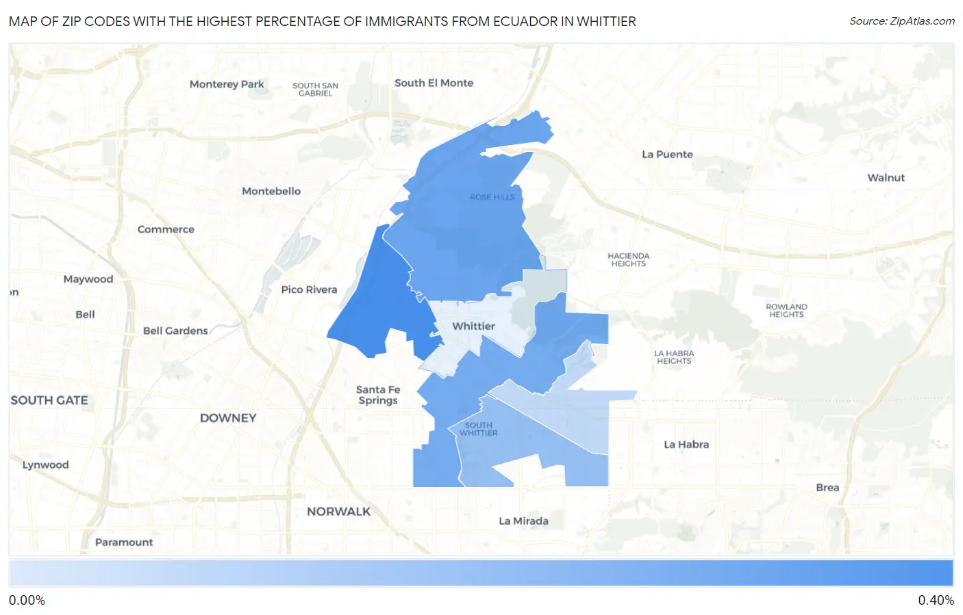 Zip Codes with the Highest Percentage of Immigrants from Ecuador in Whittier Map