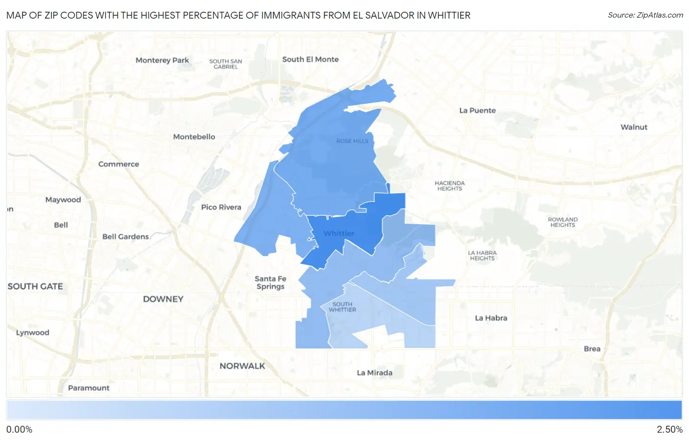 Zip Codes with the Highest Percentage of Immigrants from El Salvador in Whittier Map