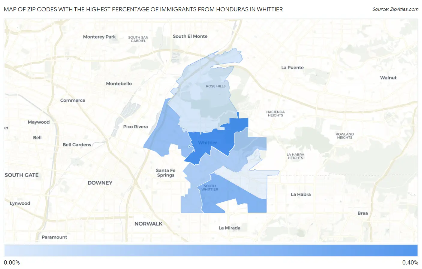Zip Codes with the Highest Percentage of Immigrants from Honduras in Whittier Map