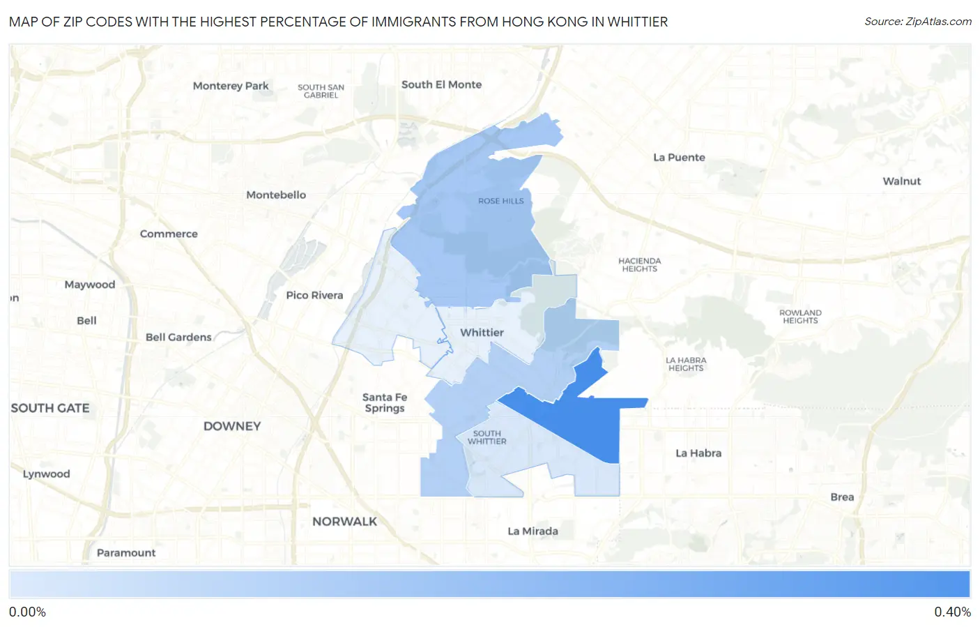 Zip Codes with the Highest Percentage of Immigrants from Hong Kong in Whittier Map