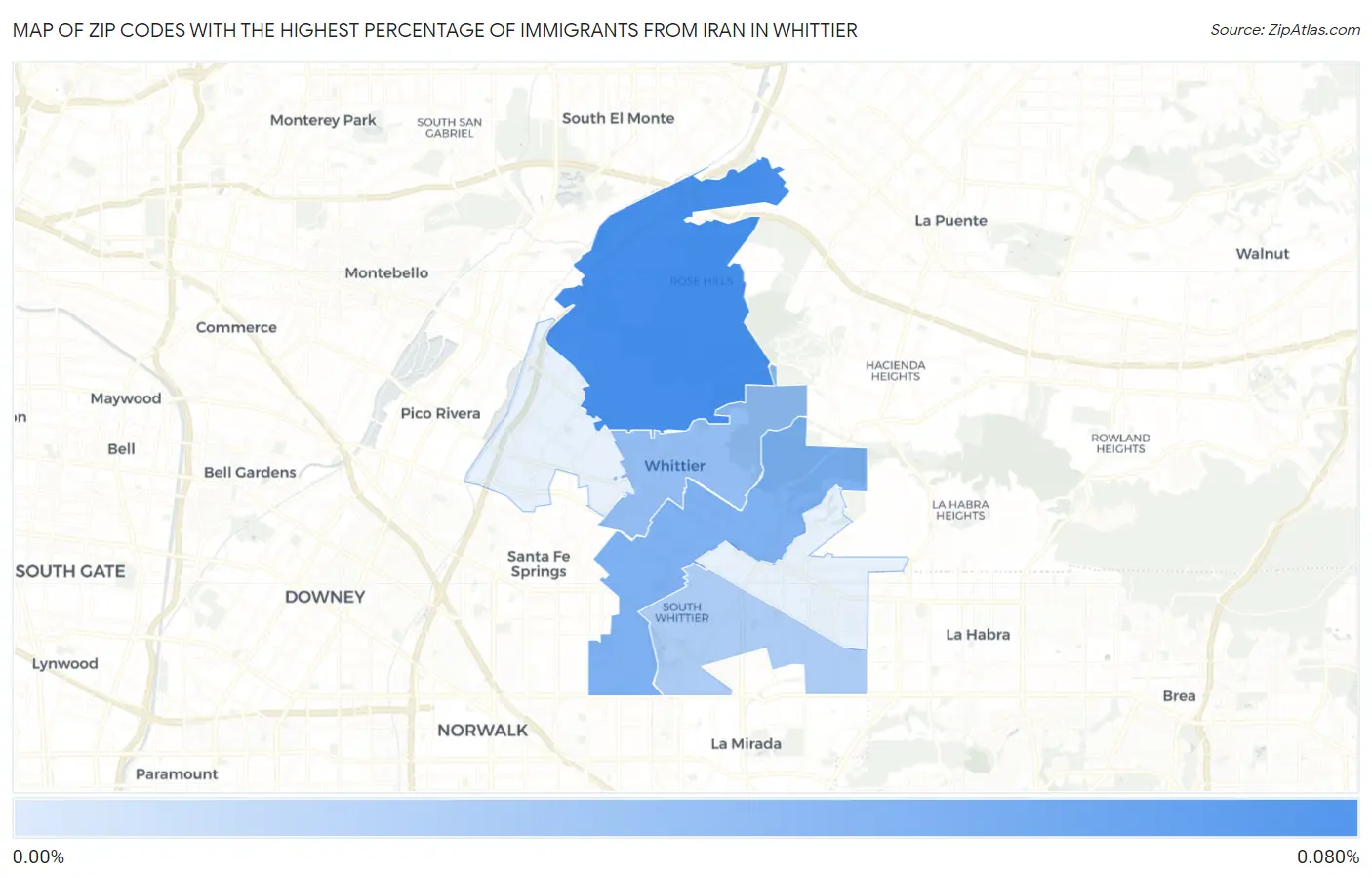Zip Codes with the Highest Percentage of Immigrants from Iran in Whittier Map