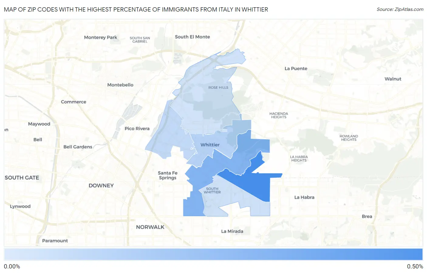 Zip Codes with the Highest Percentage of Immigrants from Italy in Whittier Map
