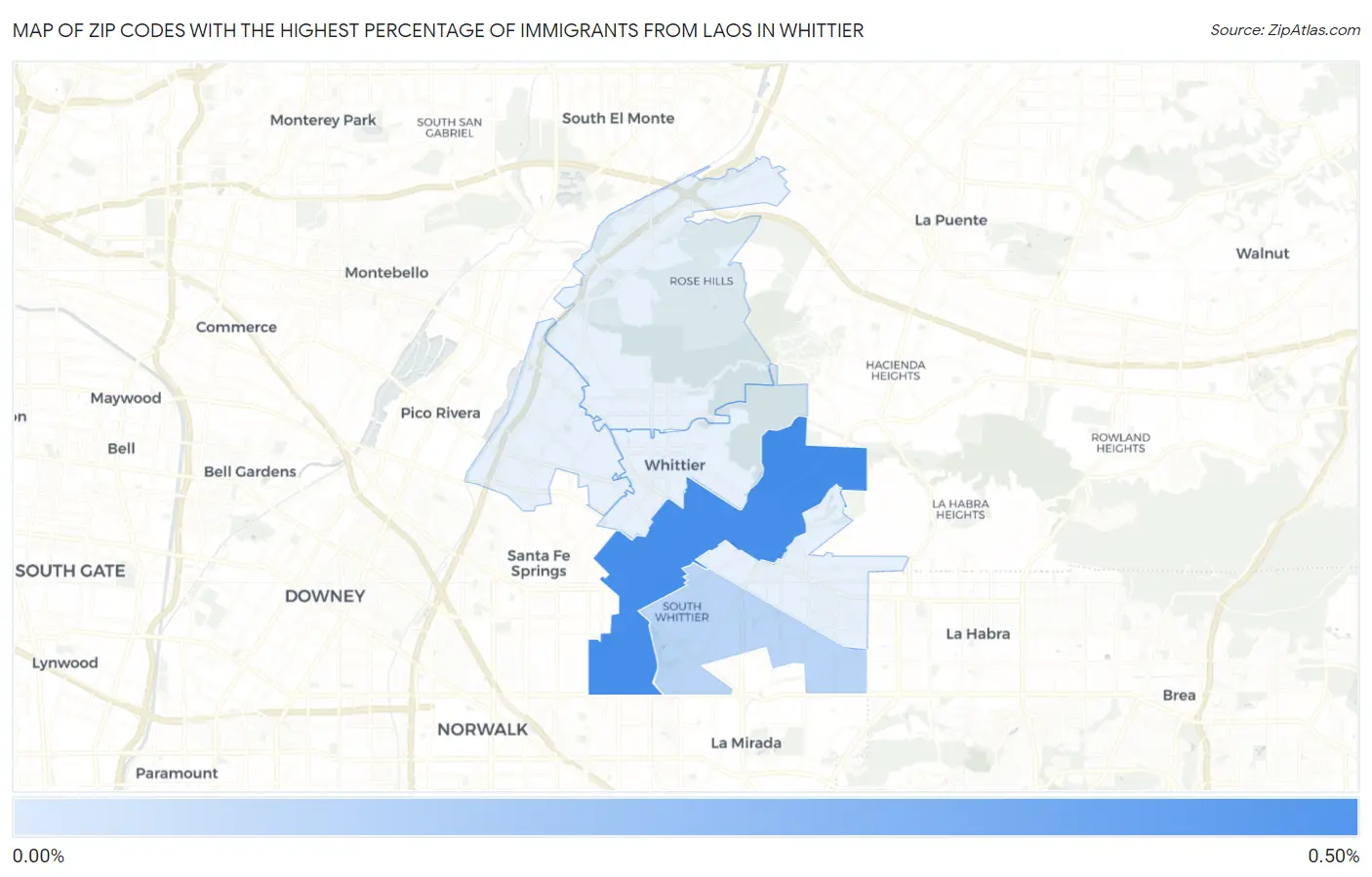 Zip Codes with the Highest Percentage of Immigrants from Laos in Whittier Map