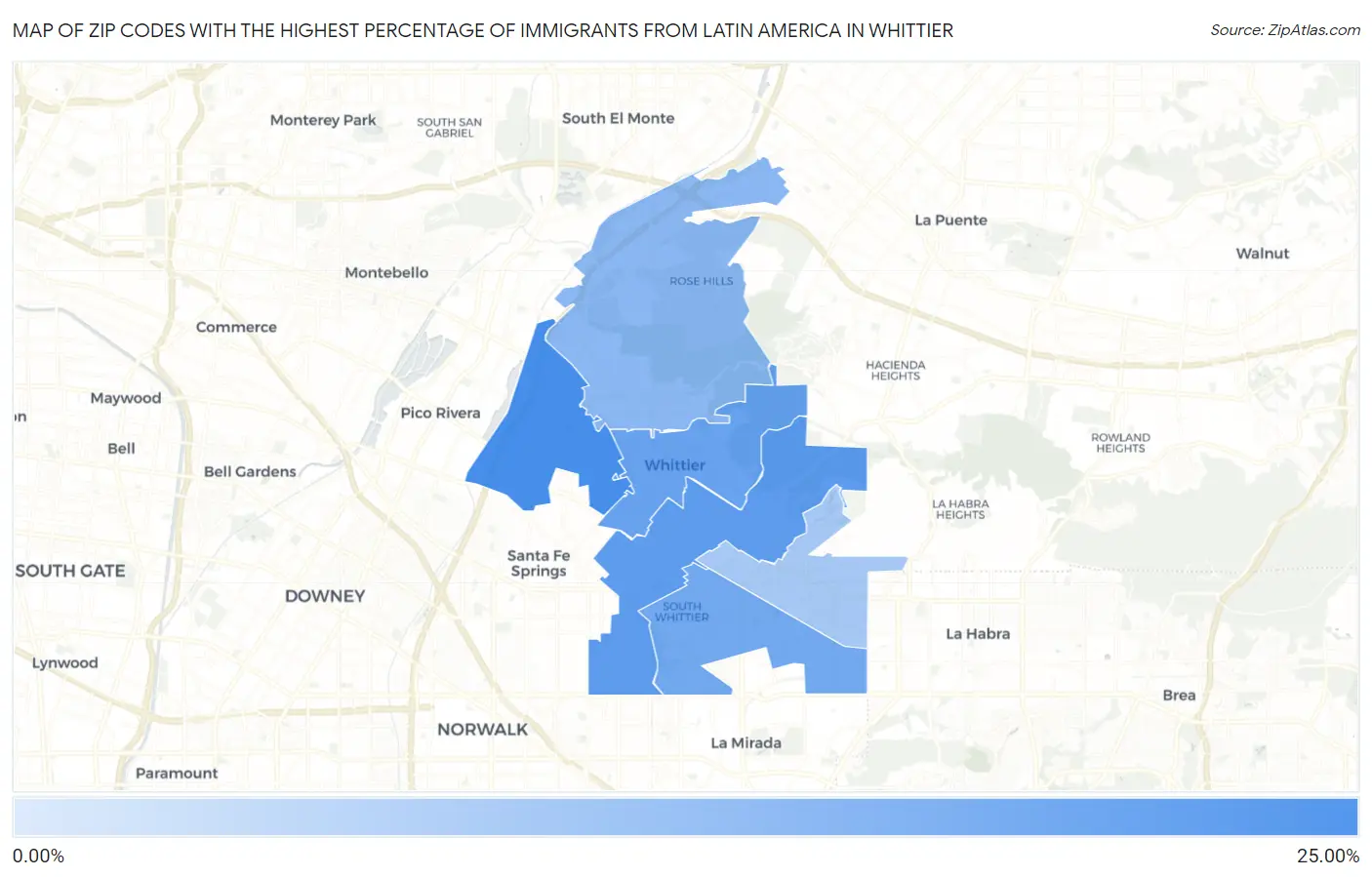 Zip Codes with the Highest Percentage of Immigrants from Latin America in Whittier Map