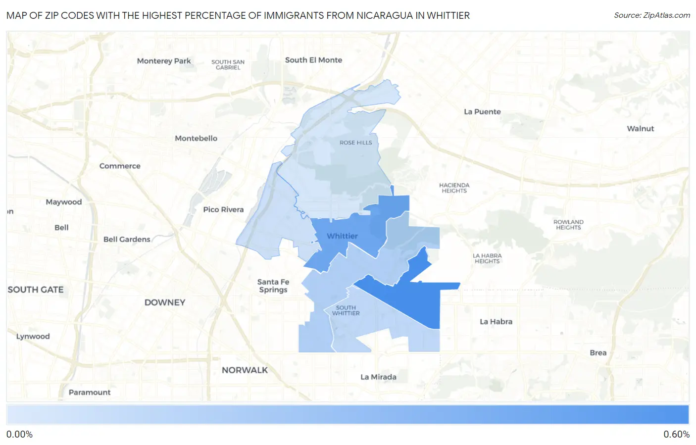 Zip Codes with the Highest Percentage of Immigrants from Nicaragua in Whittier Map